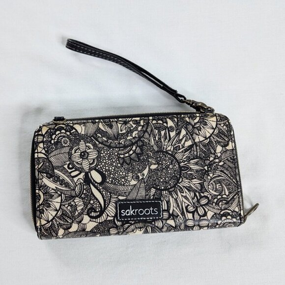 Sakroots Black and White Coated Canvas Floral All Over Print Wristlet - Picture 2 of 5